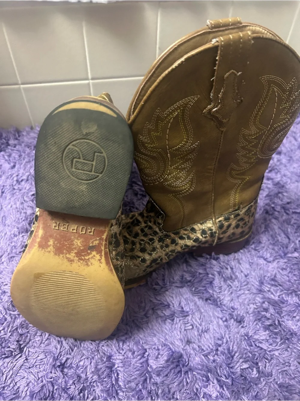 Roper Brown and Leopard w/Gold Glitter Wide Square Toe Little Kids Cowboy Boots